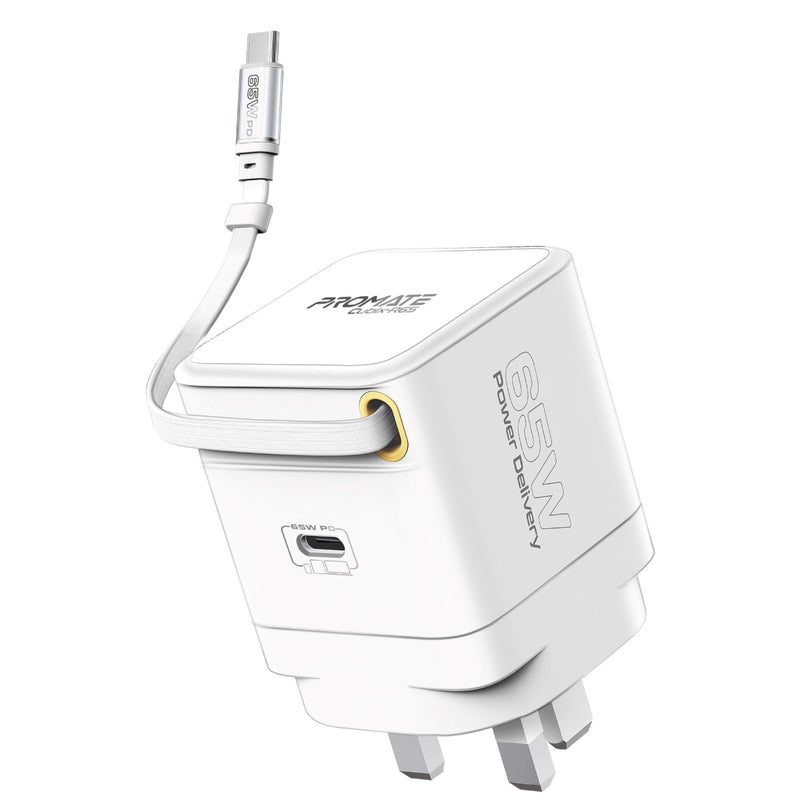 Promate Cubix-R65 شاحن جداري 65 واط GaNFast بكيبل USB-C مدمج - أبيض - صورة أمامية