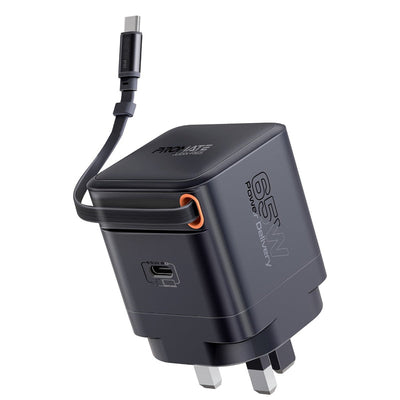 Promate Cubix-R65 شاحن جداري 65 واط GaNFast بكيبل USB-C مدمج - أسود - صورة أمامية