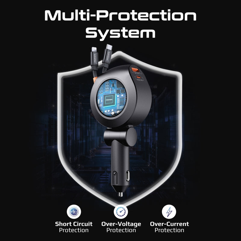 Promate DriveGear-R2 شاحن سيارة مع كيبلات بطول 80 سم لكل واحد