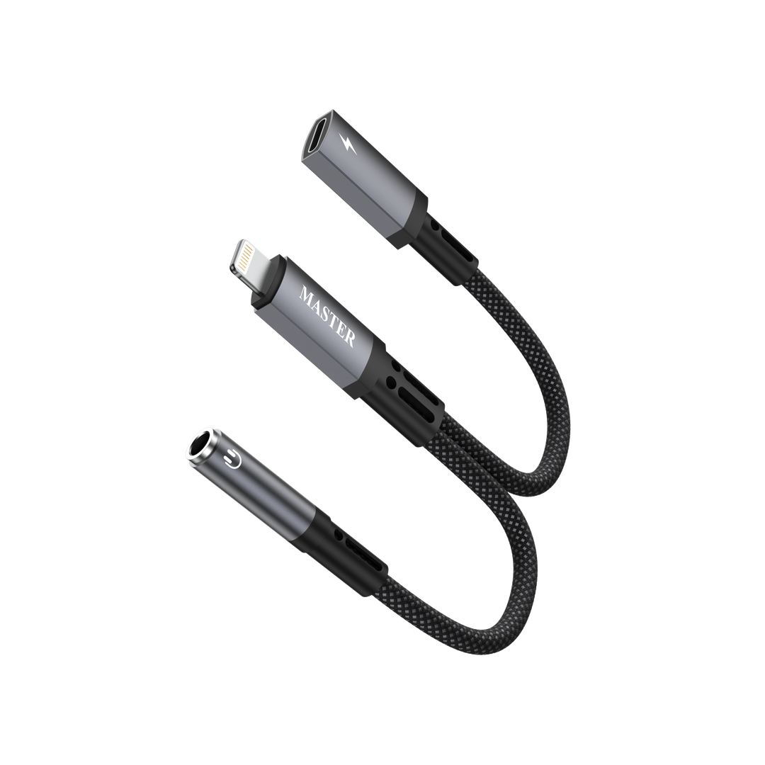 Master Braided 2-in-1 Lightning Male to Lightning Female AUX Adapter Black MAD2IN1LTOLTOAX-BK