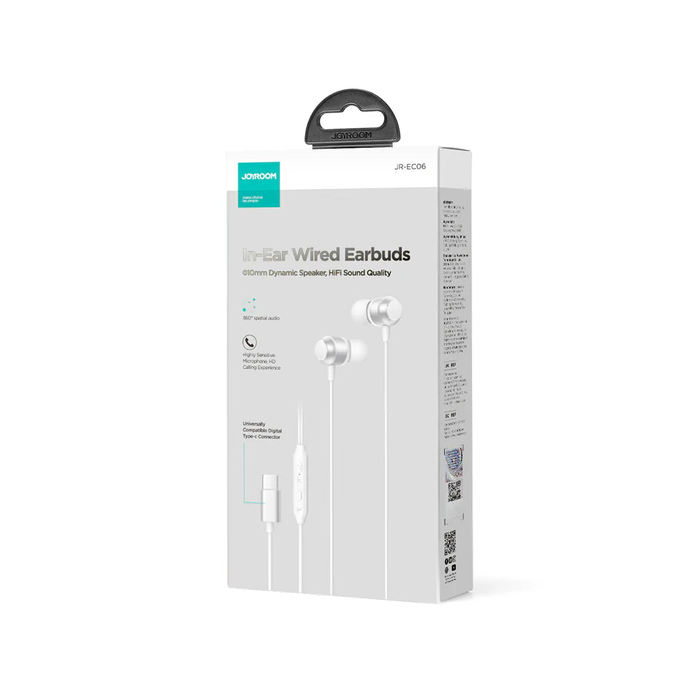 سماعات جويرووم JR-EC06 السلكية داخل الاذن معدنية بمنفذ تايب سي - ابيض | JOYROOM JR-EC06 Type-C In-Ear Metal Wired Earbuds – White