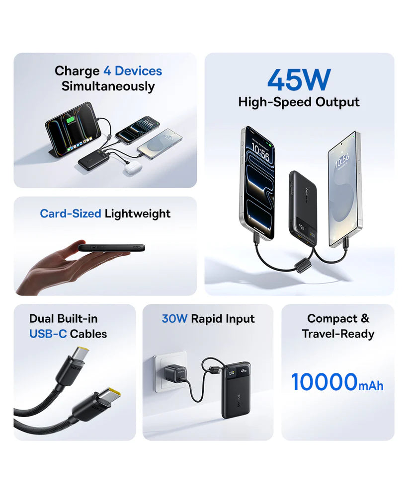 Baseus EnerFill FC11 Digital Display Power Bank with Dual Built-in USB-C Cables 10000mAh 45W - Cosmic Black