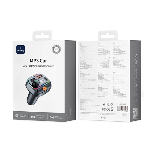 WiWU Wi-QC031 Bluetooth 5.3 Car FM Transmitter with RGB Lights & 38W Fast Charging | شاحن سيارة بلوتوث 5.3 مع إضاءة RGB وشحن سريع 38 واط