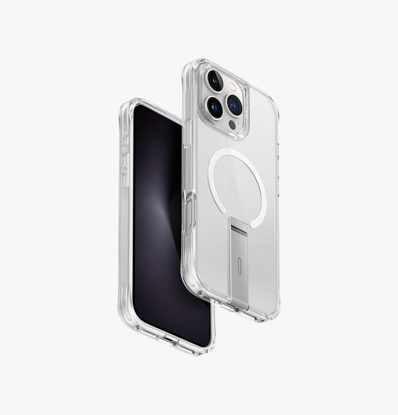 UNIQ Eleva case with built-in aluminium kickstand for iPhone 16 Pro Max Clear - front and back
