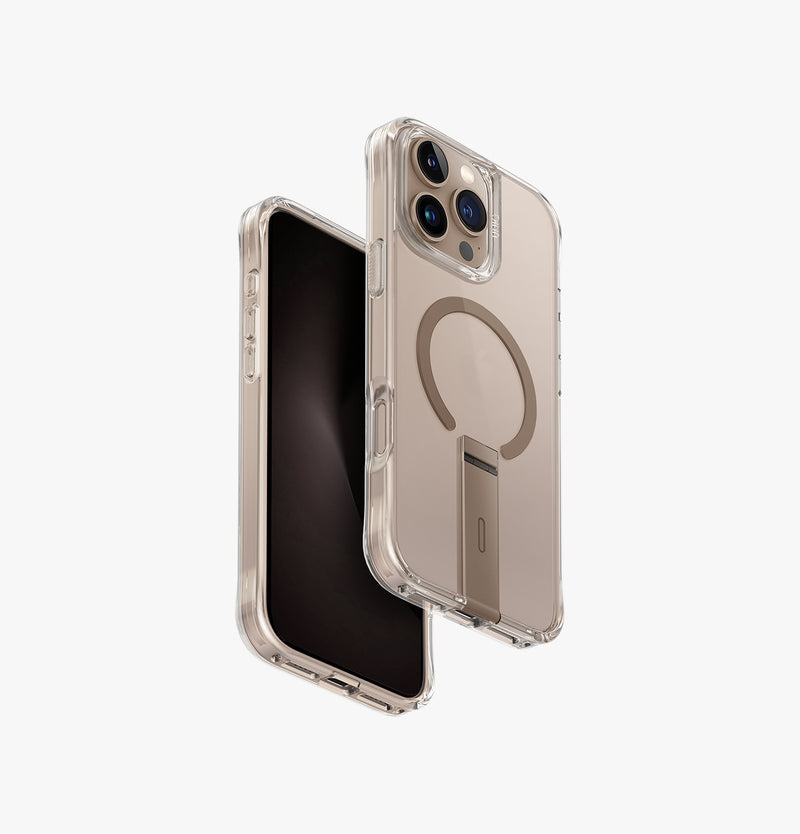UNIQ Eleva case with built-in aluminium kickstand for iPhone 16 Pro Max Taupe Gold