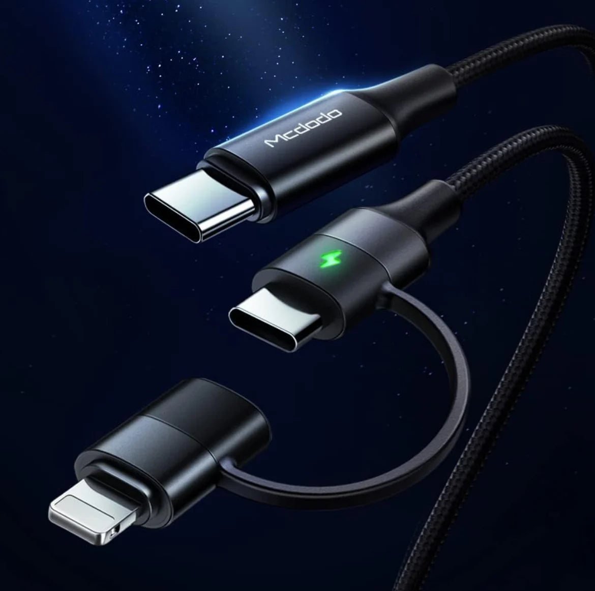 Kabloya PD ya Şarjkirina Bilez a 2-di-1 USB-C bo USB-C/Lightning ya Mcdodo, 60W, 1.8m - Reş