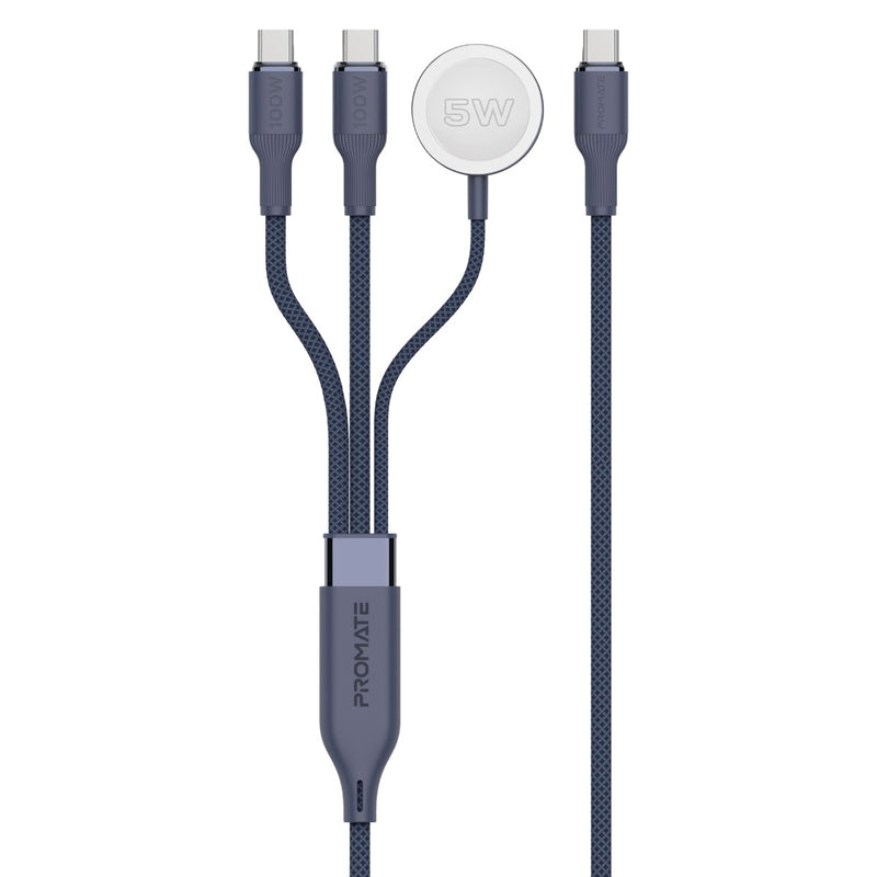 Promate Fusion-CCW Blue 100W multi-device charging cable with Apple Watch charger - main view