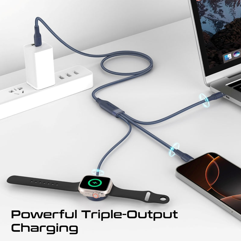 Promate Fusion-CCW Blue dual USB-C outputs and Apple Watch charging puck close-up