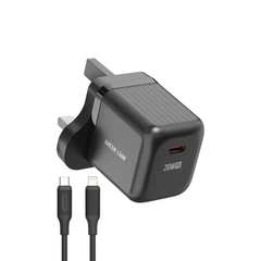 Green Lion Ultra Compact GaN Wall Charger UK Pin USB-C 20W with C to L – Black | شاحن حائط GaN فائق الضغافة من Green Lion بقابس UK ومنفذ USB-C بقدرة 20W مع كابل C to L – أسود