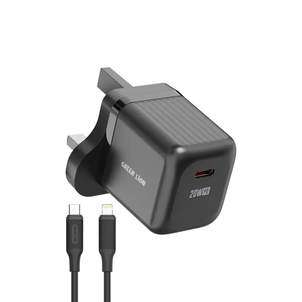 Green Lion Ultra Compact GaN Wall Charger UK Pin USB-C 20W with C to L – Black | شاحن حائط GaN فائق الضغافة من Green Lion بقابس UK ومنفذ USB-C بقدرة 20W مع كابل C to L – أسود