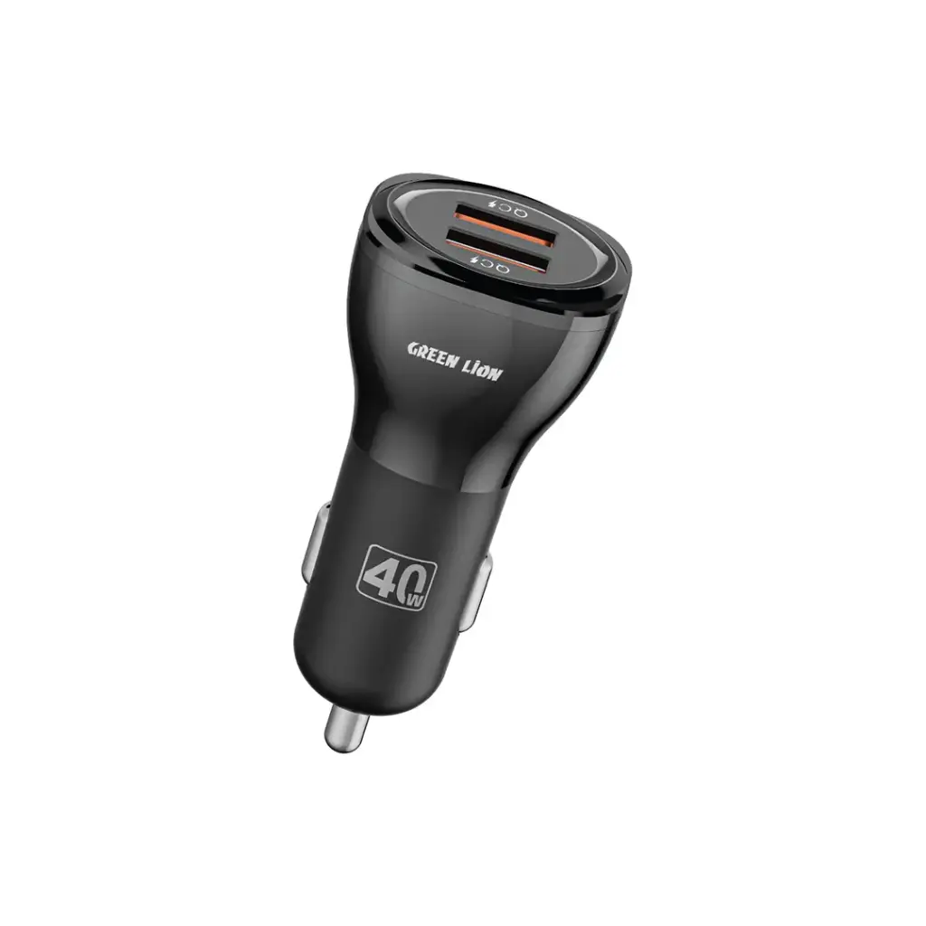 Green Lion Dual QC3.0 Car Charger 40W (QC 20W*2) USB-A to USB-C Cable 1M - Black | شاحن سيارة جرين ليون مزدوج بتقنية الشحن السريع 40 واط مع كيبل 1 متر - أسود