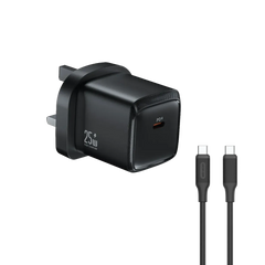 شاحن جداري جرين لايون G-Charge بمنفذ USB-C وشحن PD 25W مع كيبل متر - أسود | Green Lion G-Charge Series USB-C Port Wall Charger 25W PD C to C 1m Cable – Black