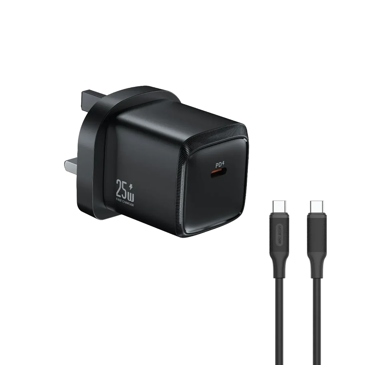 شاحن جداري جرين لايون G-Charge بمنفذ USB-C وشحن PD 25W مع كيبل متر - أسود | Green Lion G-Charge Series USB-C Port Wall Charger 25W PD C to C 1m Cable – Black