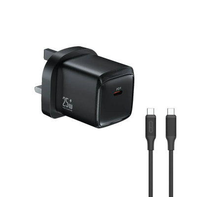 شاحن جداري جرين لايون G-Charge بمنفذ USB-C وشحن PD 25W مع كيبل متر - أسود | Green Lion G-Charge Series USB-C Port Wall Charger 25W PD C to C 1m Cable – Black