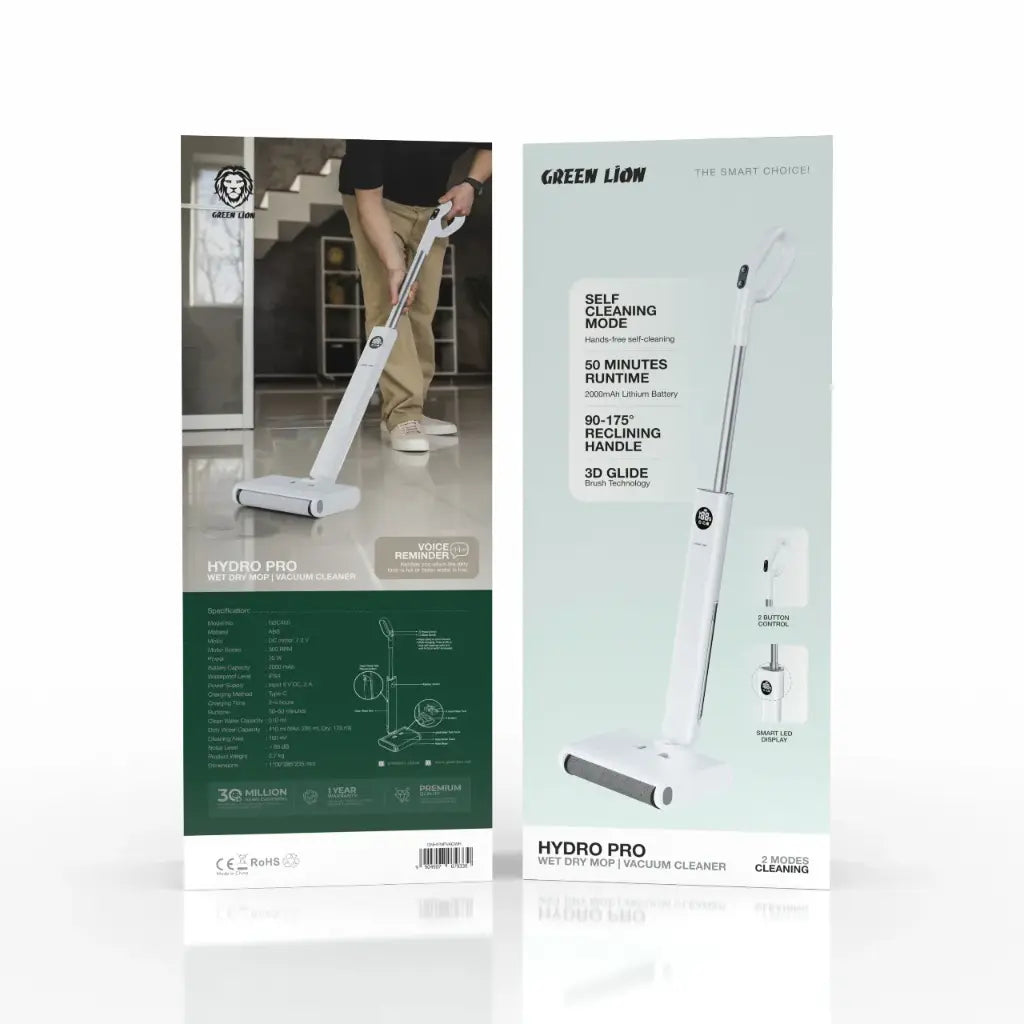 Green Lion Hydro Pro Wet & Dry Mop Vacuum Cleaner 25W IPX4 – White | مكنسة جرين لايون هايدرو برو لاسلكية للتنظيف الجاف والرطب 25 وات أبيض