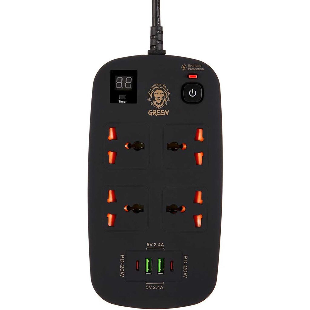 وصلة كهربائية جرين لايون ذكي متعدد المنافذ بقدرة 3500 واط وكيبل بطول 3 متر | Green Lion 4 AC 2 USB & 2 USB-C PD 40W Multiport Smart Power Socket 3500W (3M)