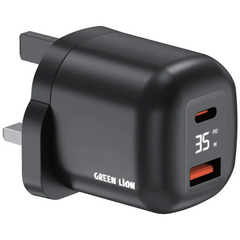 Green Lion Q-Series UK Plug USB-C & USB-A Wall Charger – Black | جرين ليون Q-Series قابس المملكة المتحدة USB-C و USB-A – أسود