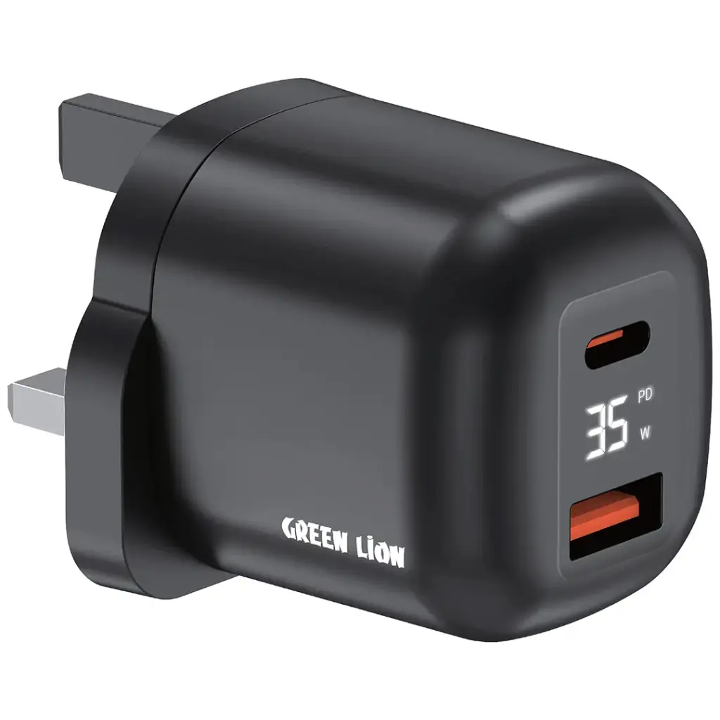 Green Lion Q-Series UK Plug USB-C & USB-A Wall Charger – Black | جرين ليون Q-Series قابس المملكة المتحدة USB-C و USB-A – أسود