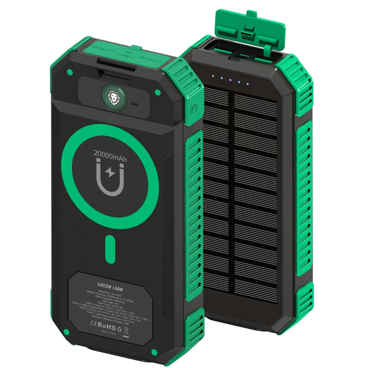 باور بانك شمسي جرين لايون Solar Flex بسعة 20000mAh وشحن PD 20W - أخضر وأسود | Green Lion Solar Flex Power Bank 20000mAh PD 20W – Green and Black