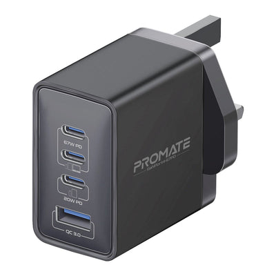Promate GaNPort4-67PD Black 67W GaNFast wall charger with four ports - main view