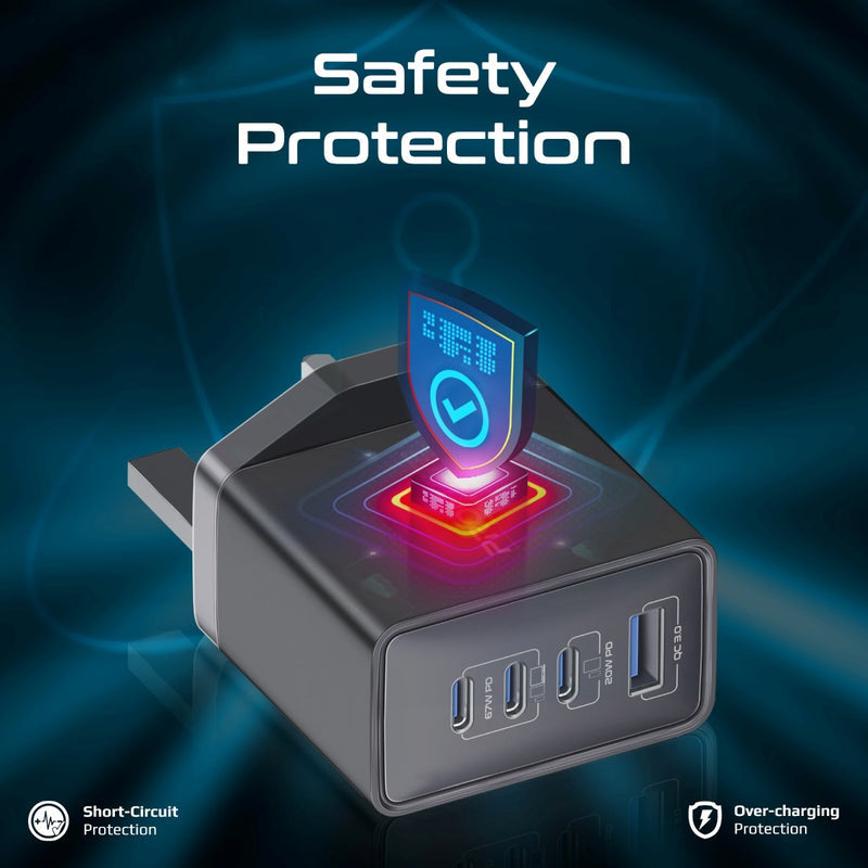 Promate GaNPort4-67PD Black wall charger plugged into a socket