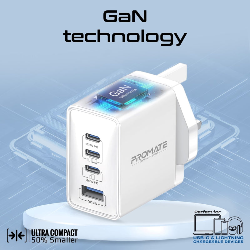 Promate GaNPort4-67PD White port layout with dual USB-C and Quick Charge 3.0