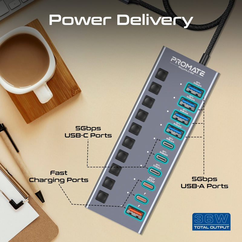 Promate GegaHub-5G seven data ports layout detail