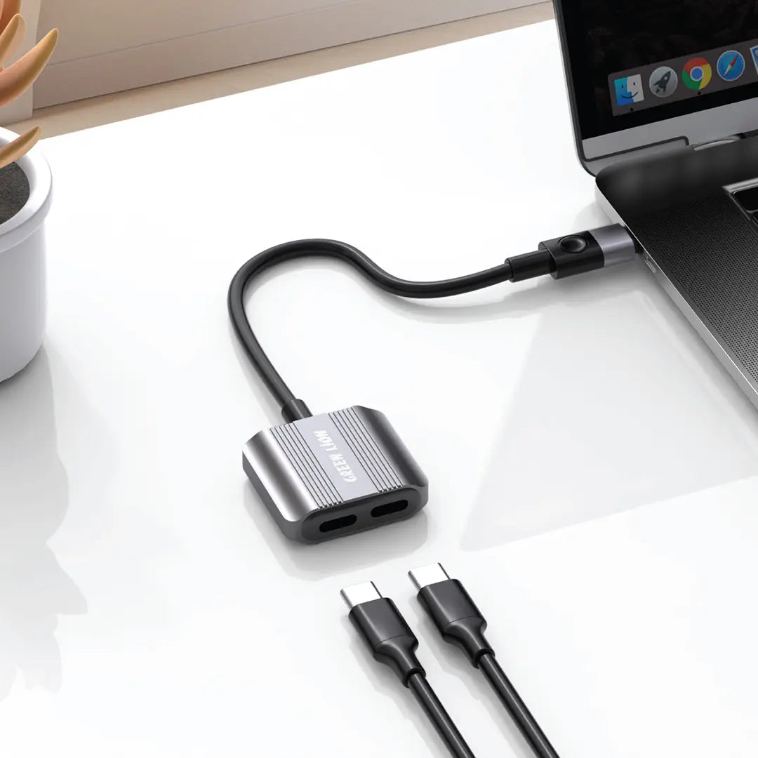 محول جرين لايون 2 في 1 تايب سي الى منفذي تايب سي - رمادي | Green Lion 2-in-1 Splitter Adapter Type-C to Dual Type-C – Gray