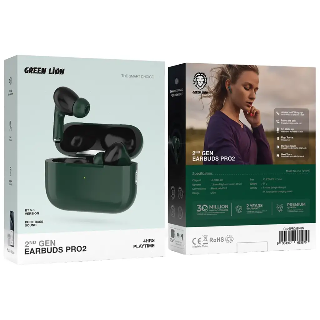 Green Lion 2nd Gen Earbuds Pro2 with ANC | سماعات جرين ليون برو 2 الجيل الثاني مع خاصية إلغاء الضوضاء