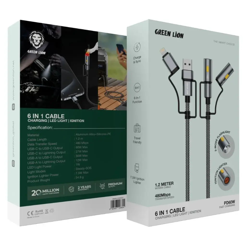 كيبل Green Lion 6 في 1 للشحن مع إضاءة LED وإشعال 1.2 متر 60 واط - رمادي | Green Lion 6 in1 Cable Charging, Led Light, Ignition - 1.2m PD 60W - Gray
