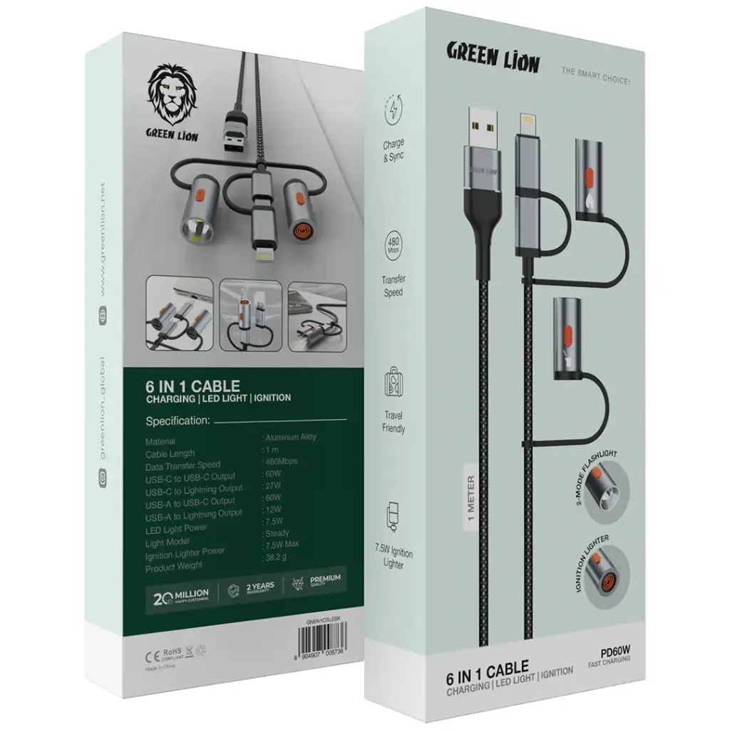 Green Lion 6 in 1 Cable Charging, LED Light, Ignition PD 60W - Black | كيبل جرين ليون 6 في 1 للشحن مع إضاءة LED وإشعال بقوة 60 واط - أسود