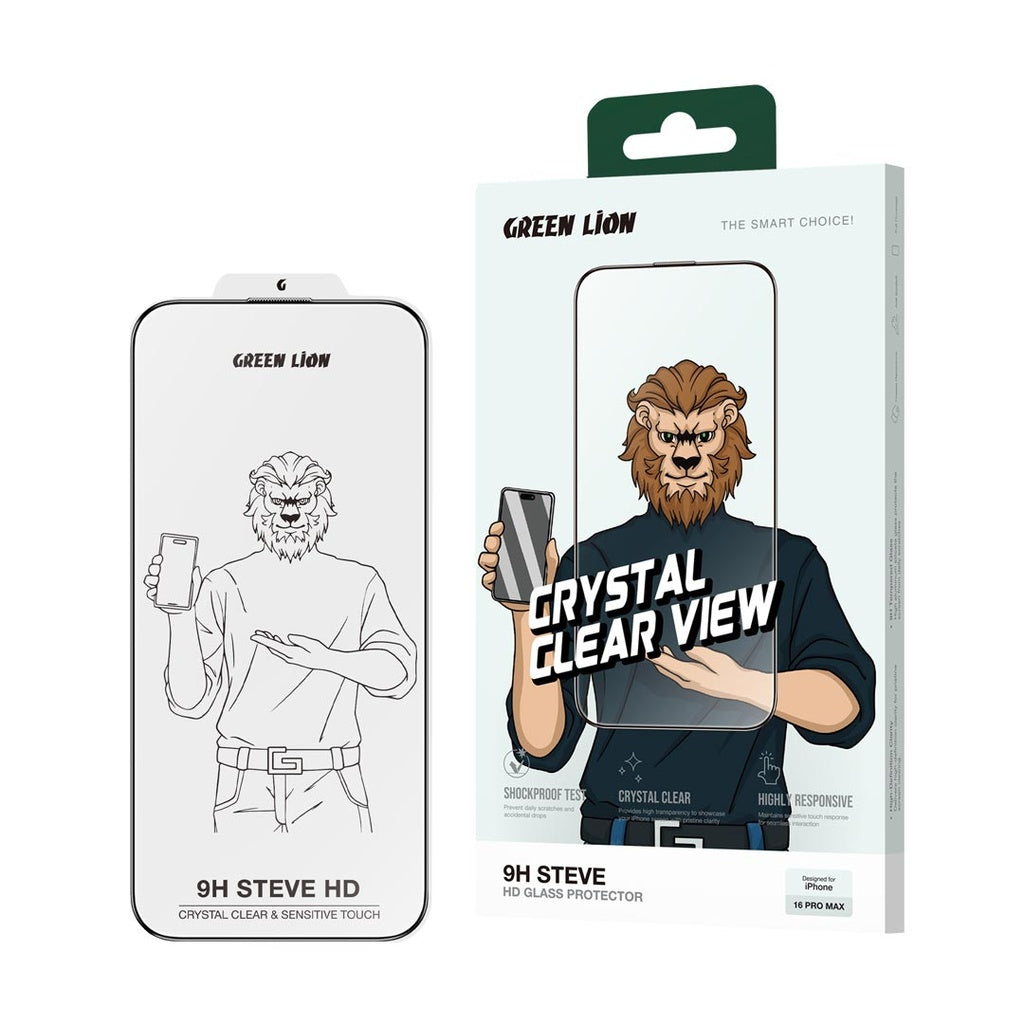 واقي شاشة جرين لايون ستيف 9H لجهاز ايفون 16 / 16 برو ماكس - شفاف | Green Lion 9H Steve HD Screen Protector for iPhone 16 / 16 Pro Max - Clear