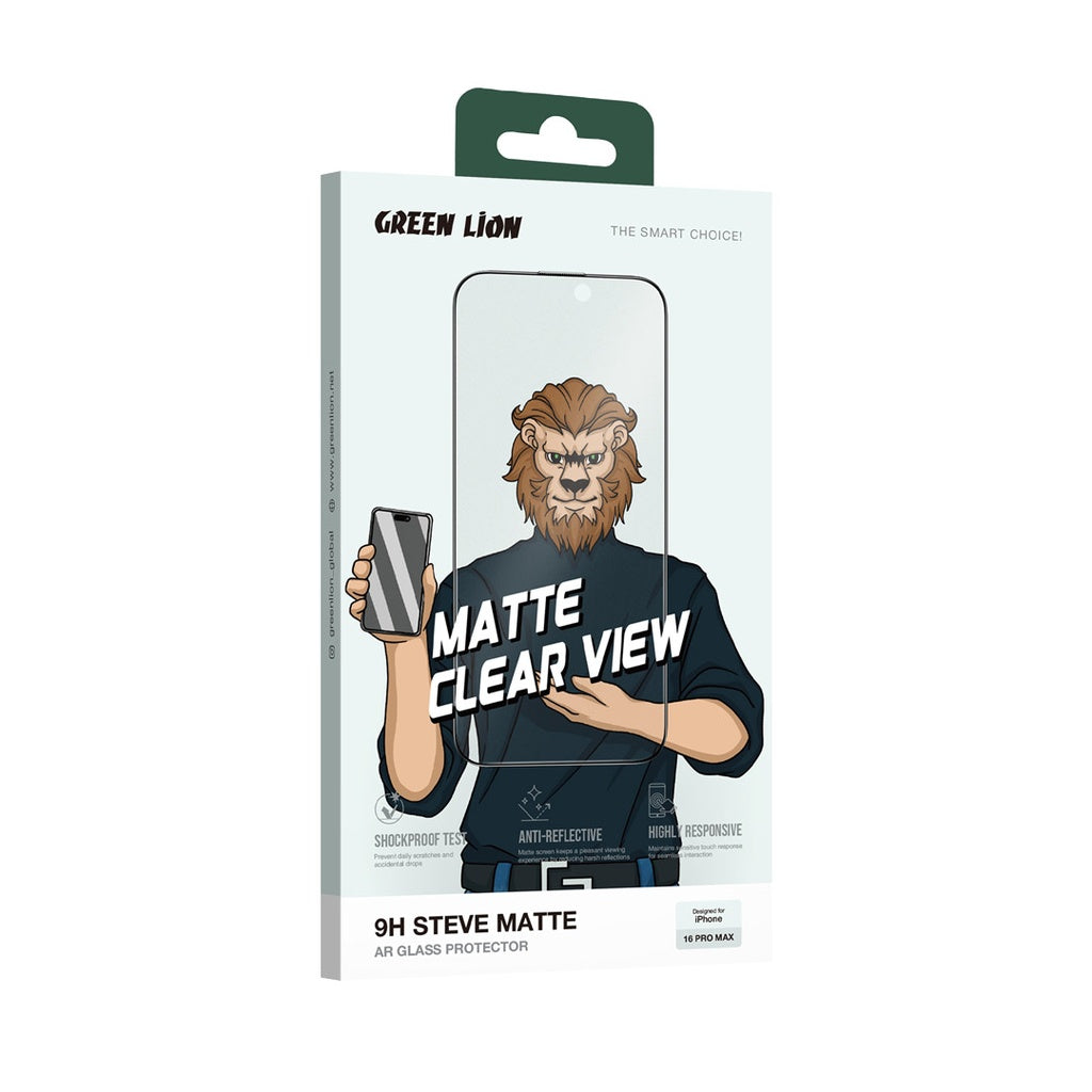واقي شاشة جرين لايون 9H Steve للخصوصية لهاتف ايفون 16 برو ماكس - شفاف | Green Lion 9H Steve Matte AR Glass Protector for iPhone 16 Pro Max - Clear