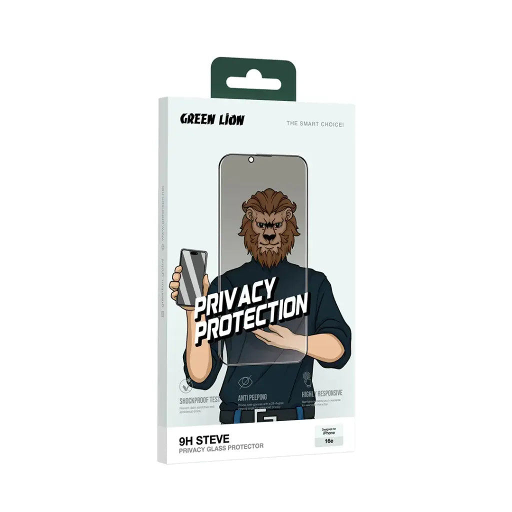 Green Lion 9H Steve Privacy Anti-Peeping Glass iPhone 16e - Black | واقي شاشة جرين ليون بخاصية الخصوصية