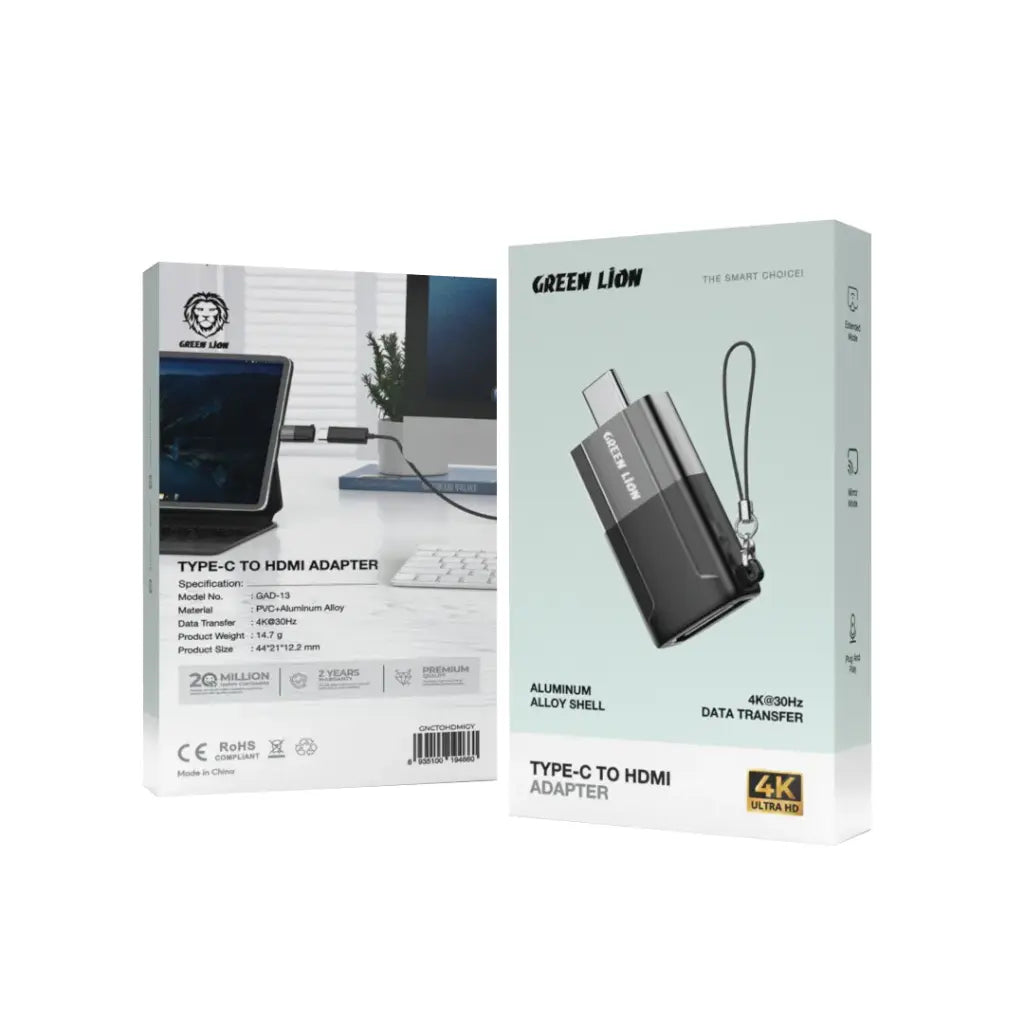 محول جرين لايون من Type-C إلى HDMI - اسود | Green Lion Aluminum Alloy Shell Type C to HDMI Adapter - Black