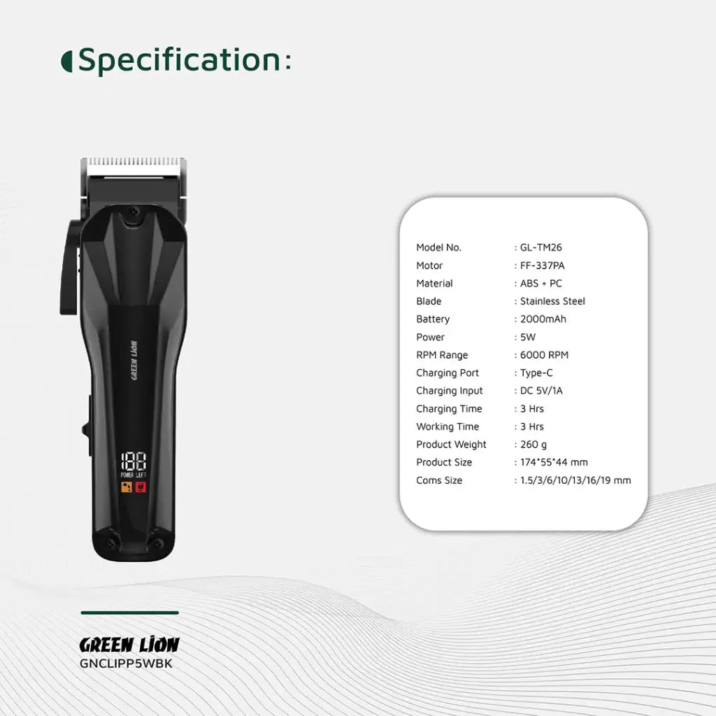 Makîneya Qirkirina Porê ya Profesyonel a Green Lion Clip Pro - Reş