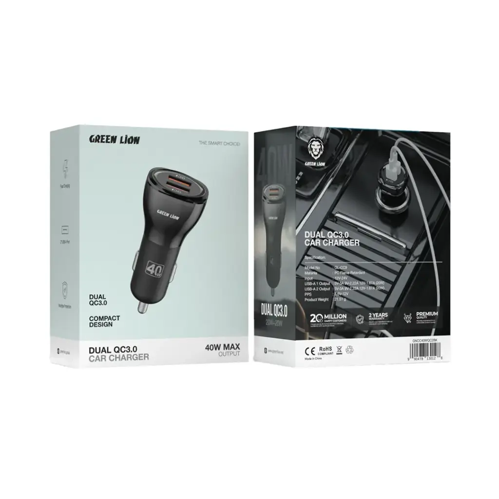 Green Lion Dual QC3.0 Car Charger 40W (QC 20W*2) USB-A to USB-C Cable 1M - Black | شاحن سيارة جرين ليون مزدوج بتقنية الشحن السريع 40 واط مع كيبل 1 متر - أسود
