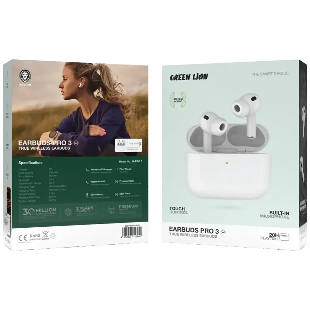 Green Lion Earbuds Pro 3 True Wireless Earbuds – White | سماعات Green Lion Earbuds Pro 3 لاسلكية حقيقية – أبيض