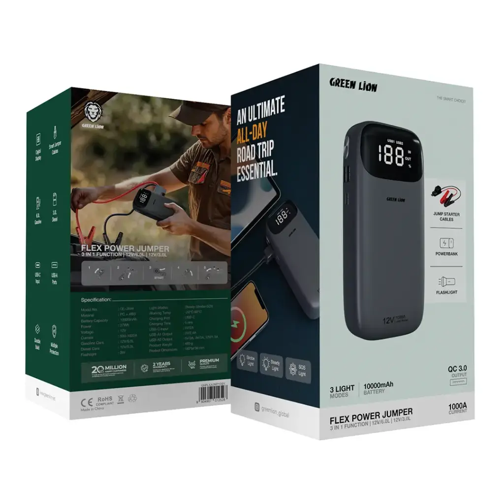 Green Lion Flex Power Jumper and Power Bank 10000mAh - Gray | جرين ليون جهاز بدء تشغيل وبنك طاقة 10000 مللي أمبير - رمادي