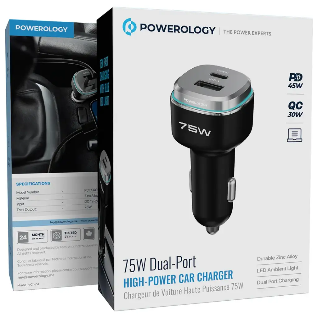 شاحن سيارة Powerology بقوة 75W ومنفذين | Powerology 75W Dual-Port High-Power Car Charger
