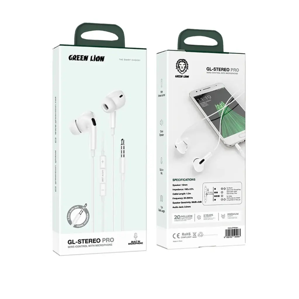 سماعة Green Lion GL-Stereo Pro سلكية مع ميكروفون - أبيض | Green Lion GL-Stereo Pro Wire Control With Microphone - White