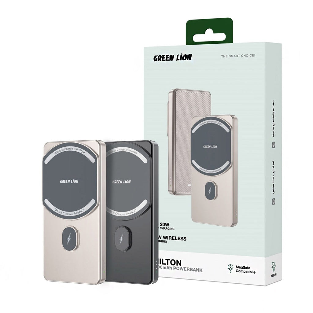 باور بانك جرين لايون ميلتون بسعة 5000 مللي امبير مع شحن لاسلكي 15 واط | Green Lion Milton 5000mAh Powerbank, 15W Wireless Charging