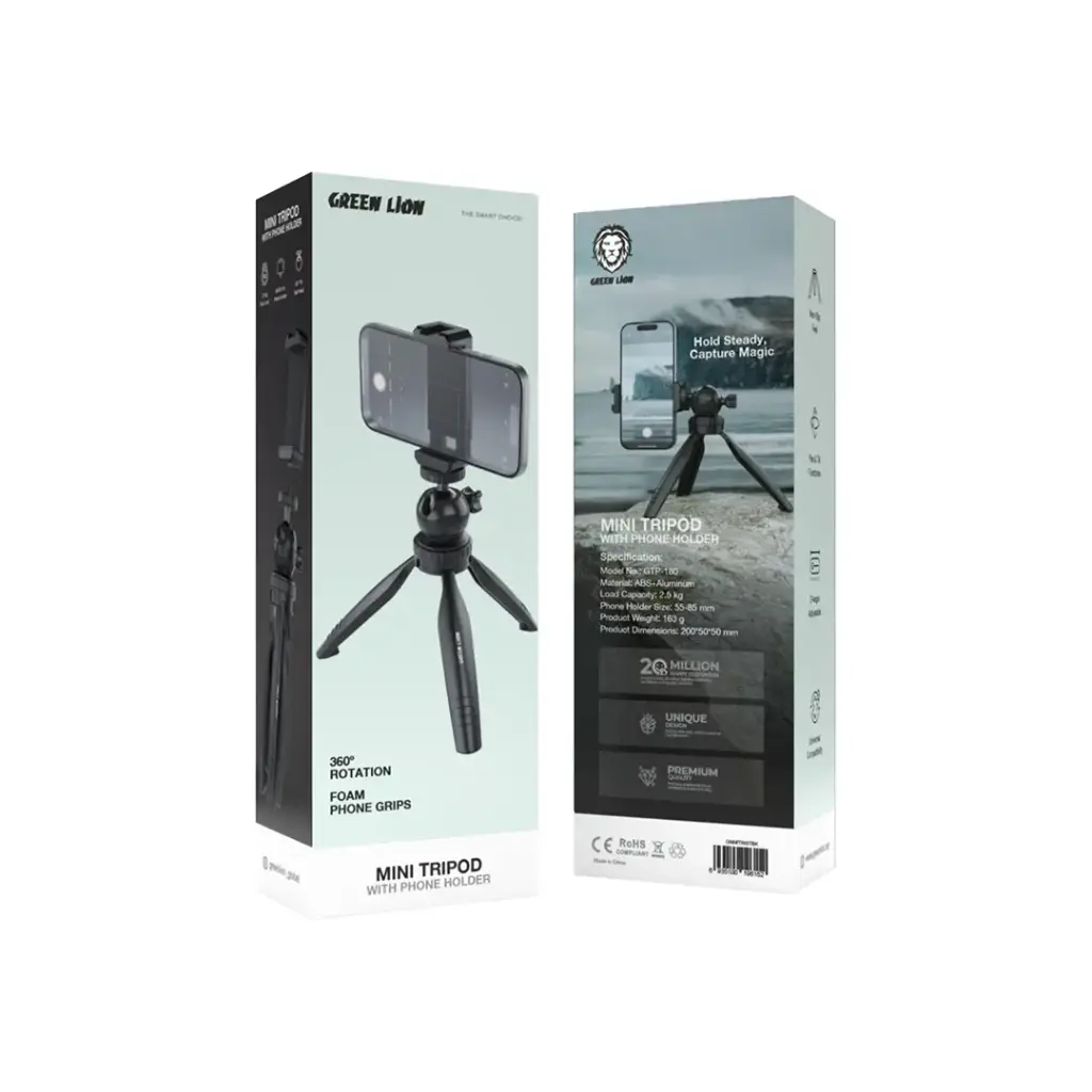 ميني ترايبود جرين لايون مع حامل هاتف - أسود | Green Lion Mini Tripod with Phone Holder - Black