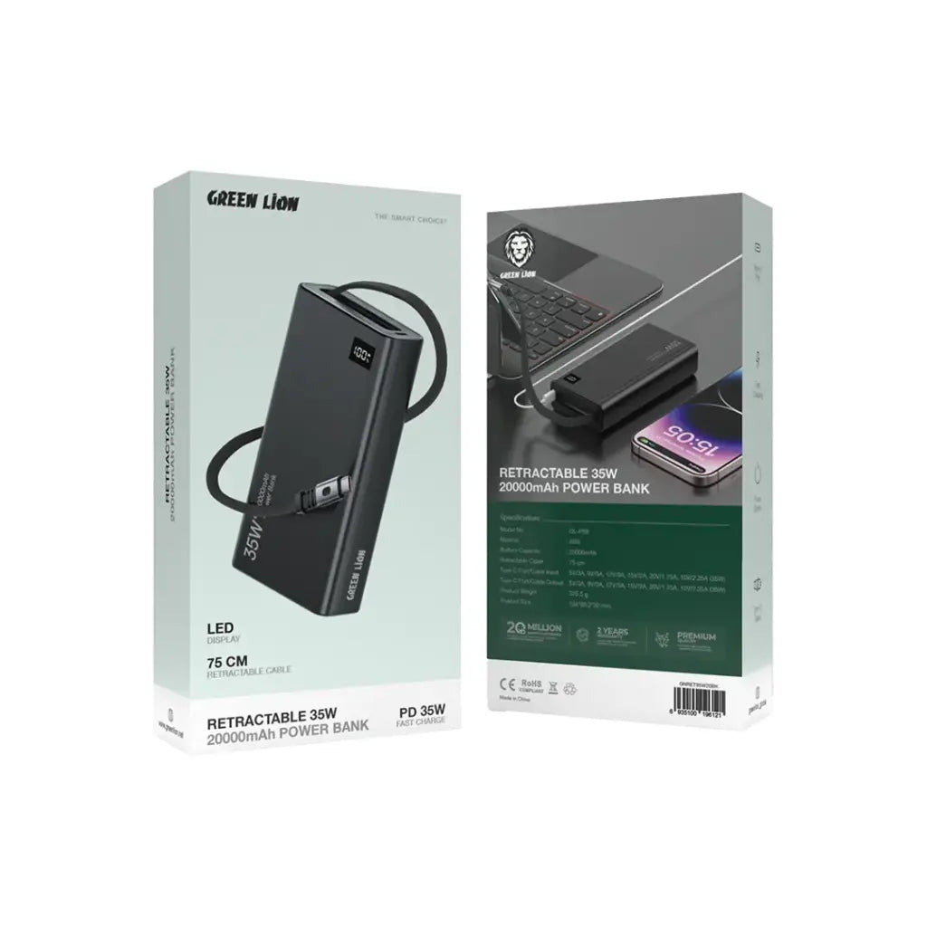 Bankeya Hêzê ya Vekêşbar a 20,000mAh ya Green Lion bi Şarjkirina 35W | Bankeya Hêzê ya Vekêşbar a 35W 20000mAh ya Green Lion