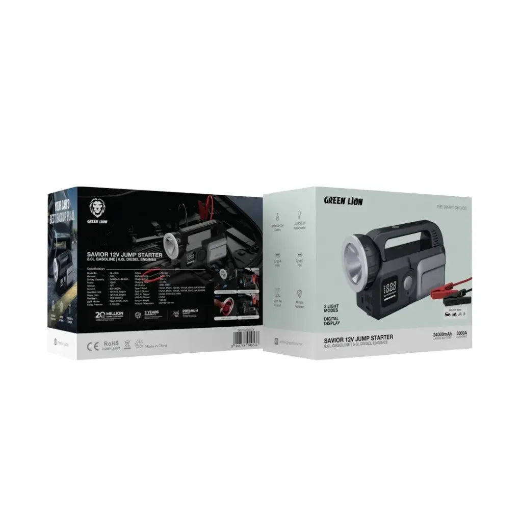 جهاز تشغيل بطارية السيارة جرين لايون سايفيور مع منفاخ هواء للاطارات وكشاف - رمادي | Green Lion Savior 12V Jump Starter, 8L Gasoline, 6L Diesel Engines With Flash Light and Air Compressor – Gray