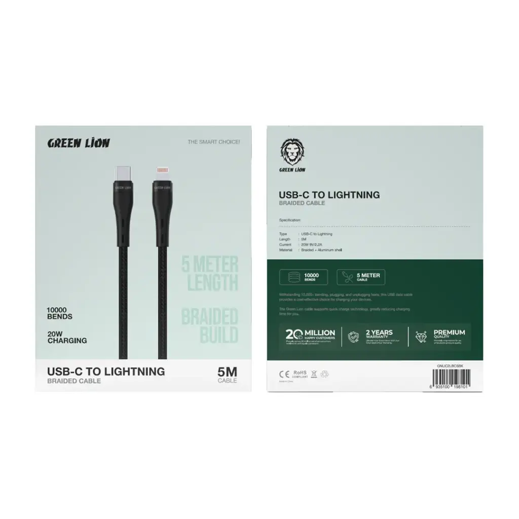 Green Lion USB-C to Lightning Braided Cable 5mtr 20W - Black | كابل جرين ليون USB-C إلى لايتننج مجدول 5 متر 20 واط - أسود