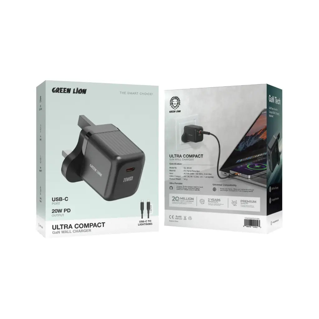 Green Lion Ultra Compact GaN Wall Charger UK Pin USB-C 20W with C to L – Black | شاحن حائط GaN فائق الضغافة من Green Lion بقابس UK ومنفذ USB-C بقدرة 20W مع كابل C to L – أسود