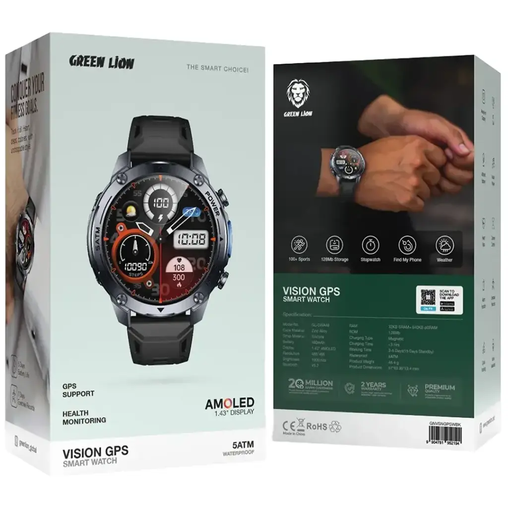 Green Lion Vision GPS Smart Watch - Black | ساعة جرين ليون فيجن الذكية مع GPS - أسود