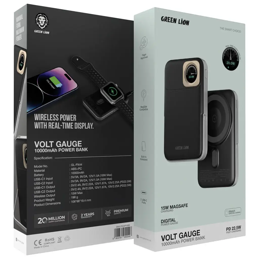باور بانك جرين لايون Volt Gauge بسعة 10,000 مللي امبير وبقدرة شحن 22.5 واط | Green Lion Volt Gauge 10000mAh Power Bank PD 22.5W