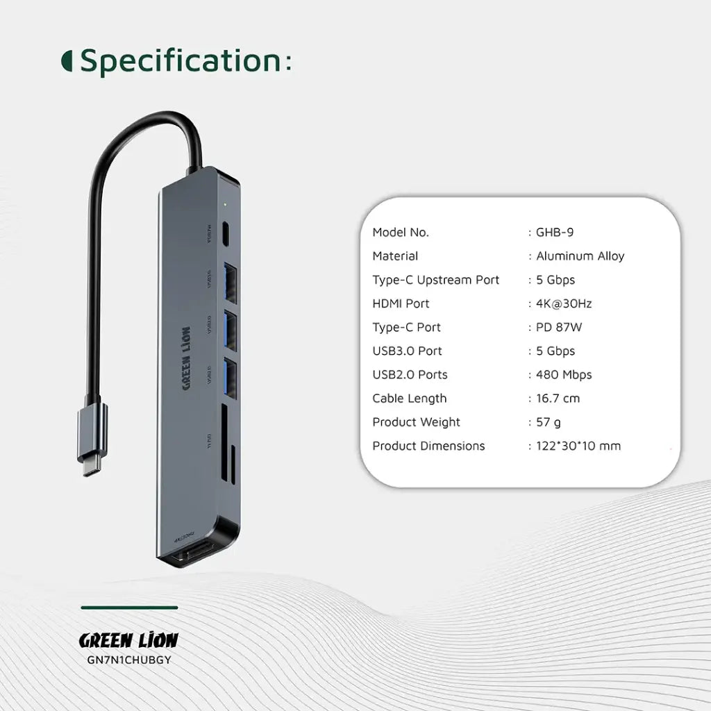 Green Lion 7-in-1 USB-C Hub Gray GN7N1CHUBGY - Detail 1